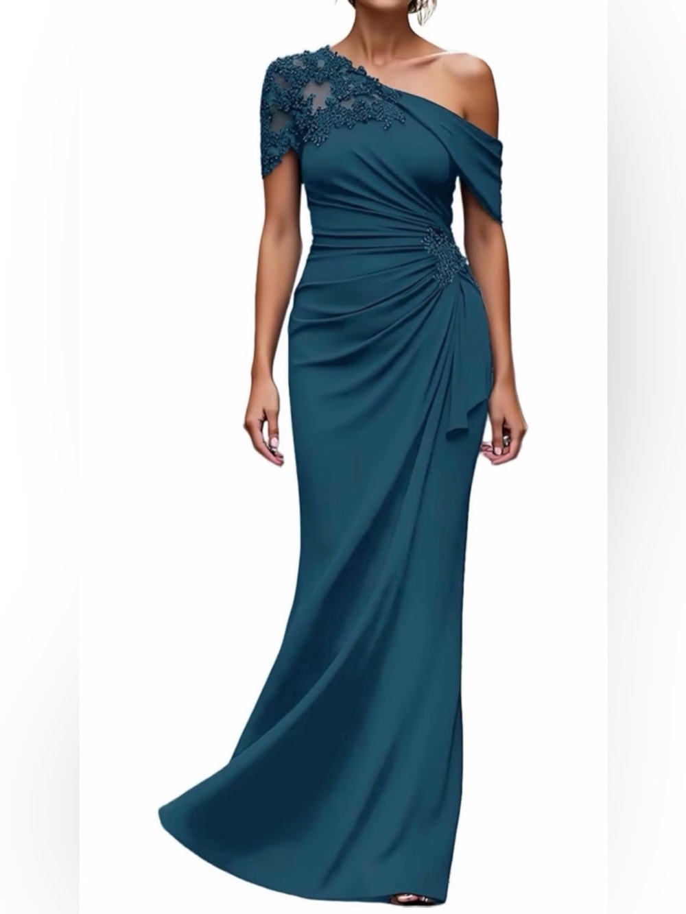 Teal One-Shoulder Long Evening Gown with Lace Applique
